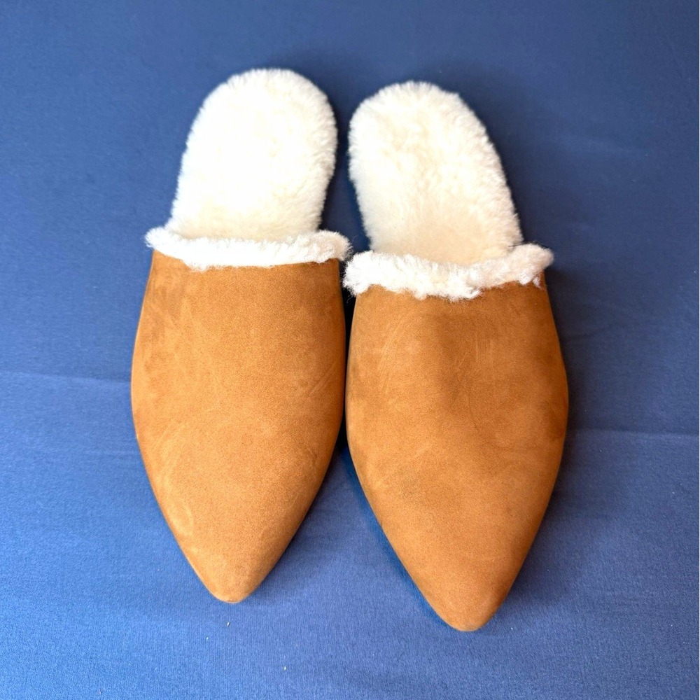 Jenni Kayne Women's Suede Fur Trim Pointed Toe Mule Slippers Brown/White 8